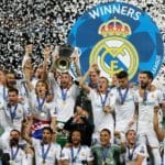 Real Madrid captain Sergio Ramos lifts the trophy after the team won the UCL final.