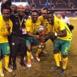 Bafana Bafana players with the Four Nations Tournament trophy.