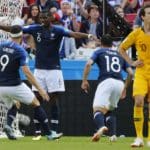 Paul Pogba of France celebrates with team mates after scoring his sides winner against Australia.