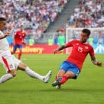 Dusan Tadic of Serbia in action against Francisco Calvo of Costa Rica.
