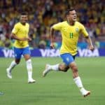 Coutinho of Brazil celebrates after opening the scoring against Switzerland.