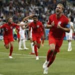 Harry Kane of England celebrates after scoring the winning goal against Tunisia.