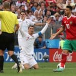 Cristiano Ronaldo of Portugal reacts after being fouled against Morocco.