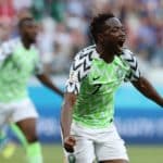 Ahmed Musa of Nigeria celebrates after scoring against Iceland.