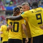 Belgium celebrate after scoring the fourth goal against Tunisia.