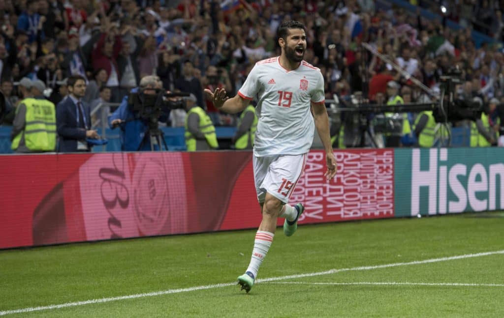Diego Costa celebrating his winner against Iran