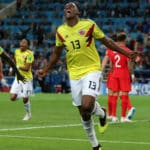 Yerry Mina celebrates his goal against England