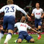Lucas Moura celebrates his scoring against Manchester United in their Premier League clash at Old Trafford.