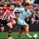 Eden Hazard of Chelsea evades a challenge from Southampton's Pierre-Emile Hojbjerg.