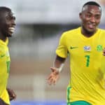 Lebohang Maboe celebrates goal with Aubrey Modiba