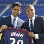 Paris Saint-Germain president Nasser Al-Khelaifi and forward Kylian Mbappe.
