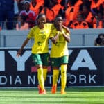 Thembi Kgatlana of South Africa celebrates goal during the International Women's Friendly match between South Africa and The Netherlands 19 January 2019 at Cape Town Stadium Pic Sydney Mahlangu/ BackpagePix