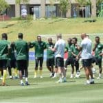 Stuart Baxter, coach of Bafana Bafana chats with players during a training session