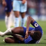 Chelsea's Callum Hudson-Odoi picks up an injury during the Premier League match at Stamford Bridge