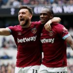 Robert Snodgrass and Michail Antonio of West Ham United celebrate