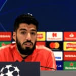 Barcelona's Luis Suarez during the press conference at Anfield Stadium, Liverpool.