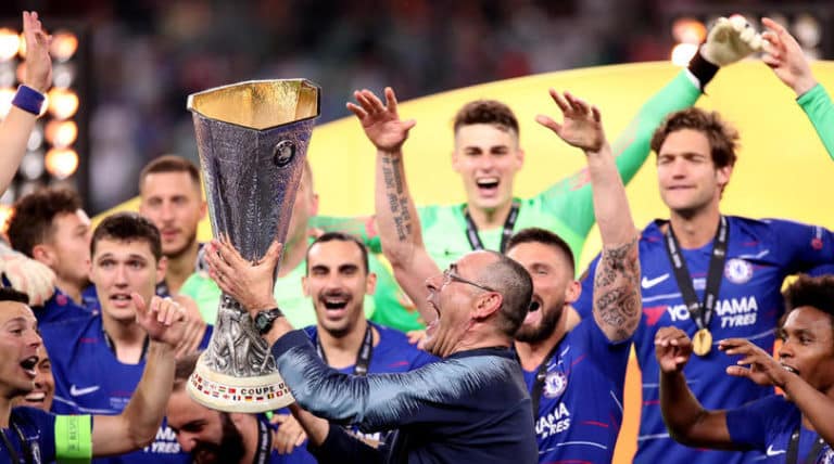 Chelsea manager Maurizio Sarri celebrates with the trophy