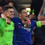 Goalkeeper Kepa Arrizabalaga and defender Cesar Azpilicueta of Chelsea celebrate