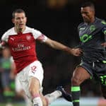Stephan Lichtsteiner of Arsenal and Sporting Lisbon's Luis Nani