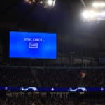 The big screen displays that a VAR goal check is being conducted during the UEFA Champions League quarter final second leg match at the Etihad Stadium, Manchester.
