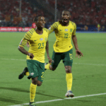 Bafana Bafana forward Thembinkhosi Lorch celebrates after scoring the winner against Egpyt