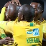Mosa Lebusa of Mamelodi Sundowns celebrates goal with his teammates