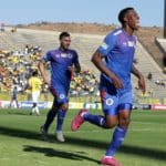 Thamsanqa Gabuza of Supersport United celebrates goal with teammates during the MTN8 2019 match between Supersport United and Mamelodi Sundowns