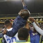 Kaitano Tembo, head coach of Supersport United hoisted by players as they celebrate victory during the MTN8 2019 Final