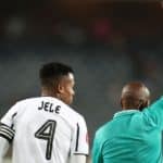 Happy Jele of Orlando Pirates receives a red card from Referee, Kulasande Qongqo during the Absa Premiership 2019/20 match between Orlando Pirates and Maritzburg United