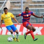 Ramphasane Chesane of Vaal University challenges Sphelele Mkhulise of Mamelodi Sundowns