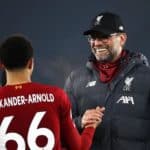Liverpool manager Jurgen Klopp celebrates victory with Trent Alexander-Arnold after the Premier League match at the King Power Stadium, Leicester.
