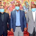 Minister of Sport, Arts and Recreation Nathi Mthethwa, SAFA President Dr Danny Jordaan and PSL President Dr Irvin Khoza