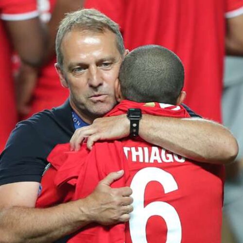 ‘He told me that he would stay’ – Flick jokes about Thiago’s future amid Liverpool links