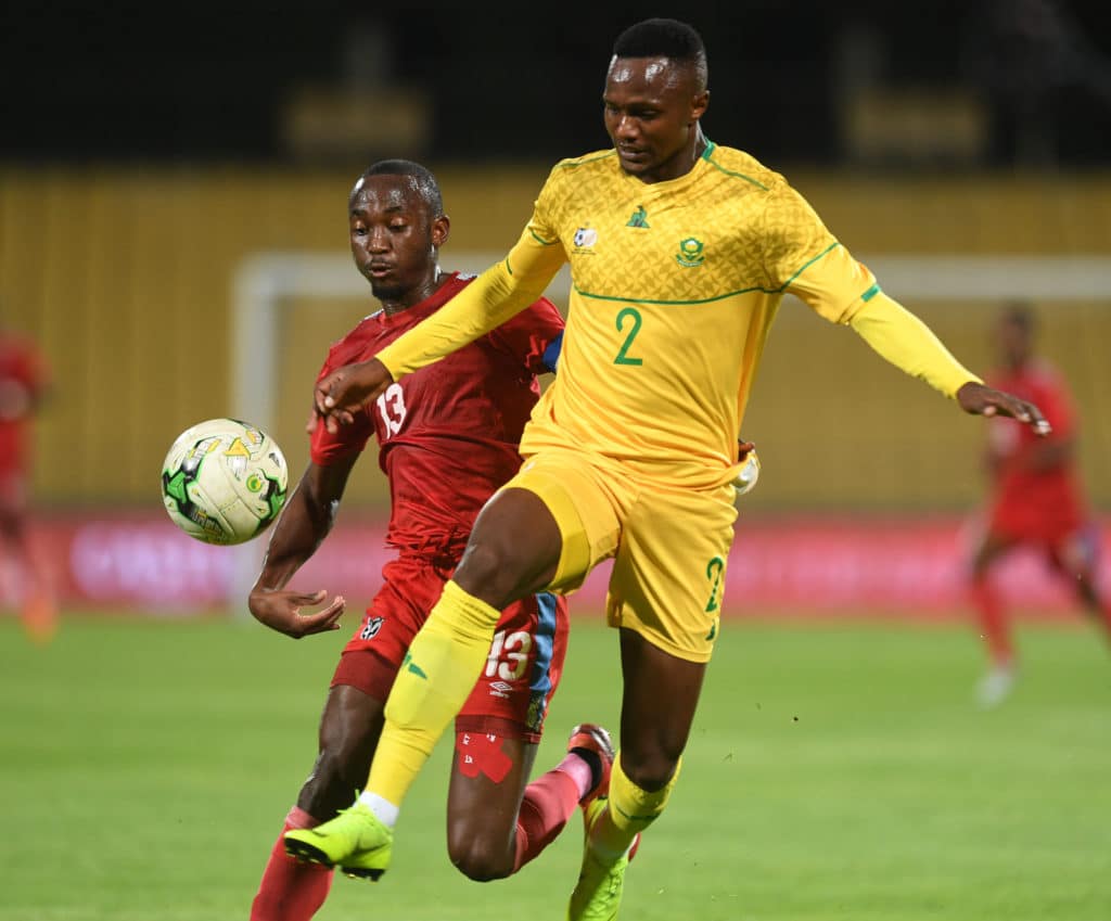 Thibang Phete of South Africa challenged Peter Shalulile of Namibia during the nternational Friendly match between South Africa and Namibia on the 08 October 2020 at Royal Bafokeng Stadium, Phokeng Pic Sydney Mahlangu/BackpagePix