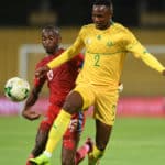 Thibang Phete of South Africa challenged Peter Shalulile of Namibia during the nternational Friendly match between South Africa and Namibia on the 08 October 2020 at Royal Bafokeng Stadium, Phokeng Pic Sydney Mahlangu/BackpagePix
