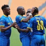 Peter Shalulile of Mamelodi Sundowns celebrates goal with his teammates
