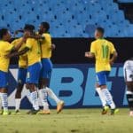 Lebohang Maboe of Mamelodi Sundowns celebrates goal with teammates during the 2021 CAF Champions League match between Downs and TP Mazembe