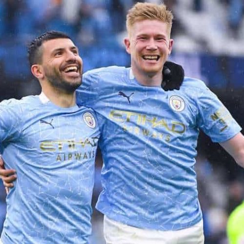 Aguero bags double on farewell as Man City smash Everton