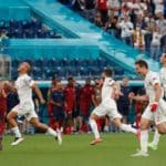 Spain players celebrate progression to the Euro 2020 semis