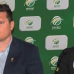 Enoch Nkwe(L), the South African Cricket assistant coach, Graeme Smith(C), Cricket South Africa interim director of cricket and former Test captain, and Mark Boucher(R), the South African Cricket coach, speak during a press conference at the Newlands Cricket grounds in Newlands, on December 14, 2019. (Photo by Brenton Geach  / AFP) (Photo by BRENTON GEACH /AFP via Getty Images)