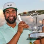 JERSEY CITY, NJ - AUGUST 23: Tony Finau poses with the trophy after winning in a playoff during the weather delayed final round of THE NORTHERN TRUST at Liberty National Golf Club on August 23, 2021 in Jersey City, New Jersey. (Photo by Tracy Wilcox/PGA TOUR via Getty Images)