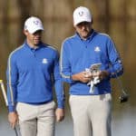 epa09485912 The Europe Team's Rory McIlroy of Northern Ireland (L) and Ian Poulter of England (R) on the fifth hole during the Foursomes matches on the first day of the pandemic-delayed 2020 Ryder Cup golf tournament at the Whistling Straits golf course in Kohler, Wisconsin, USA, 24 September 2021. Competition for the 43rd Ryder Cup between the US and Europe begins 24 September 2021. EPA/ERIK S. LESSER