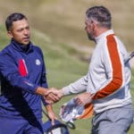 epa09488002 US team member Xander Schauffele (L) shakes hands with European team member Lee Westwood (R) of England after the US team of Schauffele and Patrick Cantlay defeated the European team of Westwood and Matt Fitzpatrick at the seventeenth hole during a foursomes match in the pandemic-delayed 2020 Ryder Cup golf tournament at the Whistling Straits golf course in Kohler, Wisconsin, USA, 25 September 2021. EPA/ERIK S. LESSER