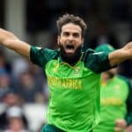 LONDON, ENGLAND - MAY 30: Imran Tahir of South Africa celebrates taking the wicket of Eoin Morgan of England (not shown) during the Group Stage match of the ICC Cricket World Cup 2019 between England and South Africa at The Oval on May 30, 2019 in London, England. (Photo by Andy Kearns/Getty Images)