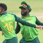 PRETORIA, SOUTH AFRICA - APRIL 07: Temba Bavuma and Keshav Maharaj of South Africa celebrate the wicket of Imam Ul Haq of Pakistan during the 3rd Betway ODI between South Africa and Pakistan at SuperSport Park on April 07, 2021 in Pretoria, South Africa. (Photo by Lee Warren/Gallo Images/Getty Images)