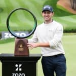 THOUSAND OAKS, CALIFORNIA - OCTOBER 25: Patrick Cantlay of the United States celebrates with the trophy after winning during the final round of the Zozo Championship @ Sherwood on October 25, 2020 in Thousand Oaks, California. (Photo by Harry How/Getty Images)