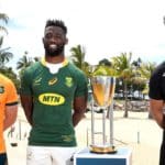 TOWNSVILLE, AUSTRALIA - SEPTEMBER 24: Michael Hooper of the Wallabies, Siya Kolisi of the Springboks and Ardie Savea of the All Blacks pose with the Rugby Championship trophy during a media opportunity ahead of this weekend's Rugby Championship matches at Strand Park on September 24, 2021 in Townsville, Australia. (Photo by Ian Hitchcock/Getty Images)