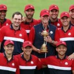 KOHLER, WISCONSIN - SEPTEMBER 26: Team United States celebrates with the Ryder Cup after defeat Team Europe 19 to 9 during Sunday Singles Matches of the 43rd Ryder Cup at Whistling Straits on September 26, 2021 in Kohler, Wisconsin. (Photo by Richard Heathcote/Getty Images)
