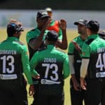 Bryce Parsons celebrates with teammates after Sarel Erwee catches out Senuran Muthusamy of the North West Dragons during the Cricket South Africa Provincial T20 Cup 2021/22 match between Dolphins and North West Dragons on the 08 October 2021 at the Mangaung Oval, Bloemfontein ©Muzi Ntombela/BackpagePix