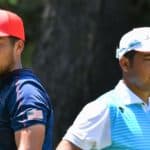 USA's Xander Schauffele (L) and Japan's Hideki Matsuyama (R) look on before they tee off from the 5th tee in round 4 of the mens golf individual stroke play during the Tokyo 2020 Olympic Games at the Kasumigaseki Country Club in Kawagoe on August 1, 2021. (Photo by Kazuhiro NOGI / AFP) (Photo by KAZUHIRO NOGI/AFP via Getty Images)